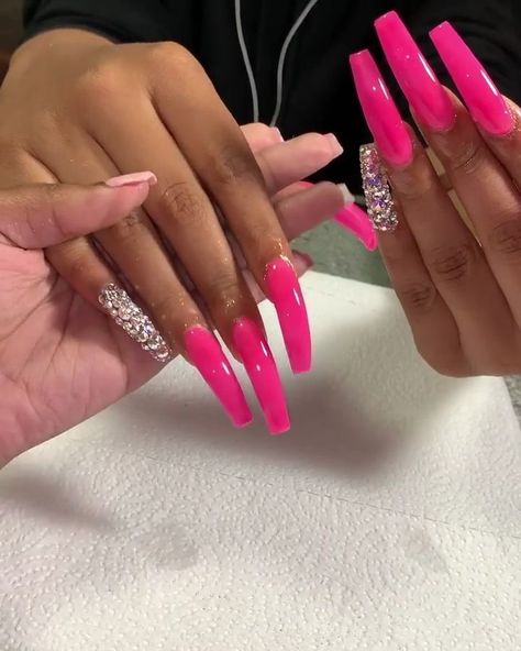 Extra long pink coffin nails with rhinestones