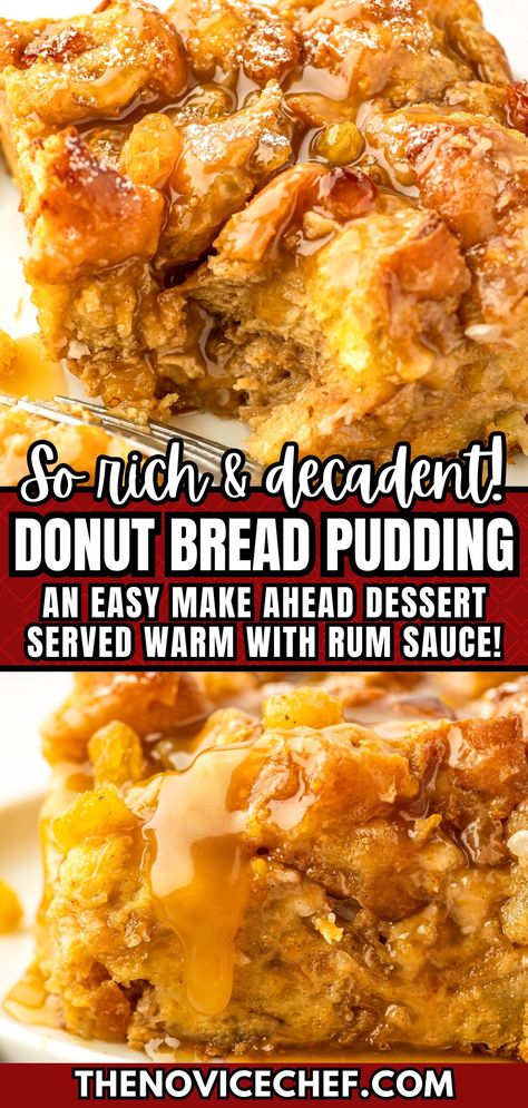 This warm and toasty donut bread pudding recipe is the perfect excuse to use up leftover donuts! Once you add the homemade buttery rum sauce on top, you won't believe how quickly it disappears. You can also prep it ahead for an impressive, but easy dessert for a dinner party! Quick Bread Pudding, Bread Pudding Recipe With Rum Sauce, Bread Pudding Rum Sauce, Donut Bread Pudding Recipe, Rum Bread Pudding, Bread Pudding Recipe With Vanilla Sauce, Bread Pudding Sauce, Donut Bread Pudding, Sweet Easy Recipes