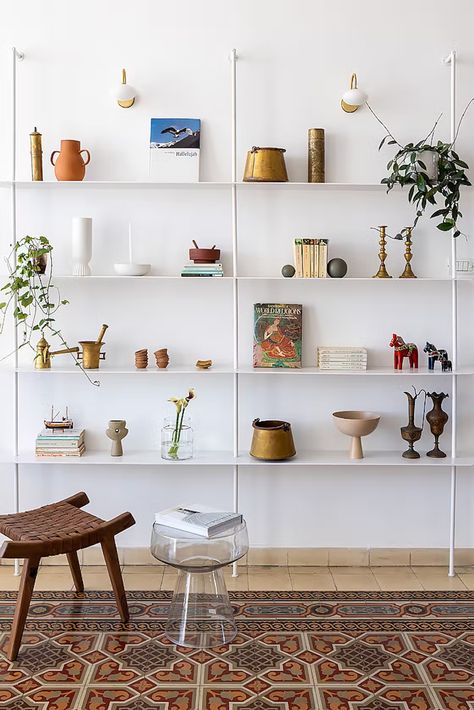 Photo 7 of 18 in Original Marble, Tile, and Stone Lay the Groundwork for This Radiant Renovation in Tel Aviv - Dwell Lighting Shelves, Vibrant Living Room, Interior Design Per La Casa, Kids Bedroom Inspiration, Shelving Design, Living Room Stools, Living Room Shelves, Modern Shelving, Home Design Living Room