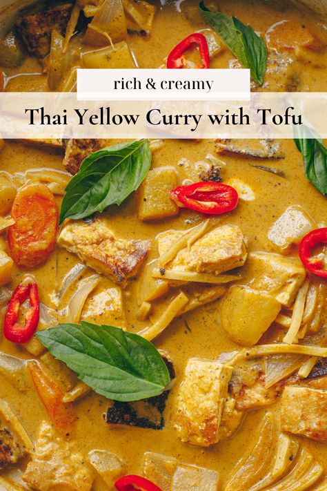 Thai Yellow Curry with Tofu – healthienut – Easy to follow plant-forward recipes Thai Golden Curry Recipe, Cauliflower Tofu Curry, Healthy Yellow Curry, Yellow Thai Curry Recipe Vegetarian, Curry Recipes Tofu, Easy Vegan Curry Recipes, Thai Coconut Curry Tofu, Thai Yellow Curry Vegetarian, Vegan Thai Curry Recipes