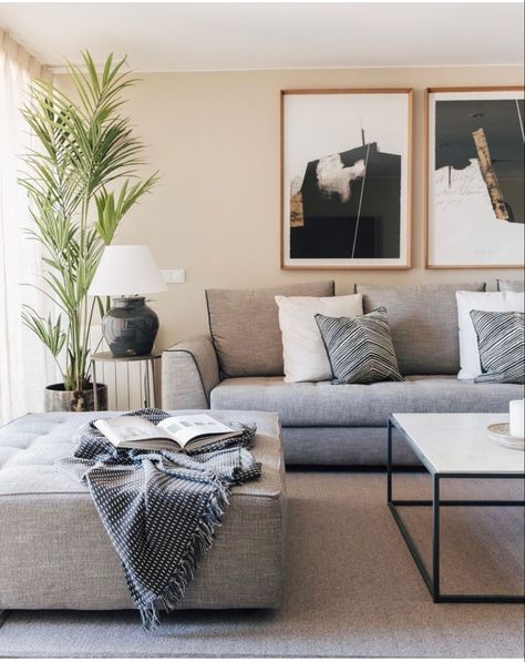 Grey Couch And Coffee Table, Light Gray Couch Living Room Ideas Boho, Grey Sofa Beige Walls, Principal Bedroom Ideas, Taupe Living Room, Light Gray Couch, Comfy Living Room Decor, Salas Living Room, Feature Wall Living Room