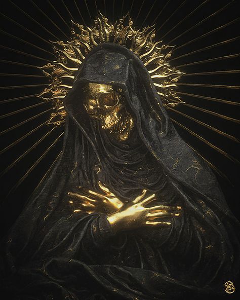 Santa Muerte Wallpaper, Badass Skulls, Gold Skeleton, Black And Gold Aesthetic, Psy Art, Ange Demon, 다크 판타지, Gold Aesthetic, Skull Art