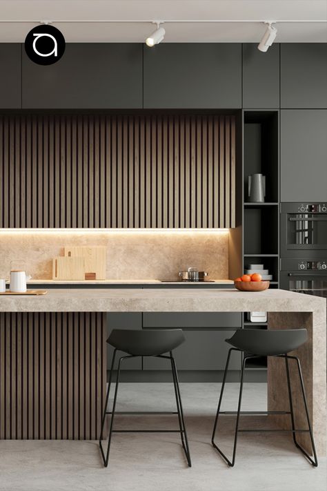 Image shows a modern kitchen with vertical wooden slat veneer panels against a back lit kitchen worktop. In the foreground you can see a marble worktop and two black stools. Kitchen Inspiration Design, Interior Modern, Kitchen Trends, Design Del Prodotto, Decor Minimalist, Kitchen Designs, Design Luxury, Contemporary Kitchen, Home Decor Kitchen