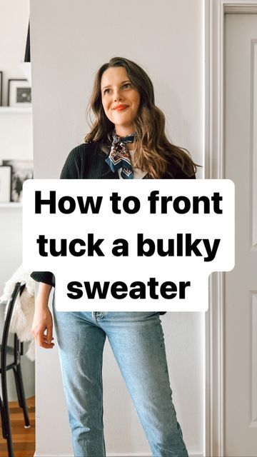 Knitted Sweaters Oversized, Bulky Turtleneck Sweater, How To Tuck In A Bulky Sweater, How To Tuck A Chunky Sweater, Tuck Bulky Sweater, Bulky Cardigan Outfits, Oversized Cardigan Work Outfit, Chunky Sweater And Jeans Outfit, Cardigan Over Turtleneck Outfit