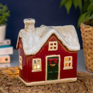 Village Pottery - Home Decorations | Temptation Gifts Christmas House Candle Holder, Christmas House Tealight Holder, Ceramic Christmas House, Traditional Red Christmas, Maximalist Christmas, Clay Gingerbread, Clay House, Painted Coffee Mugs, Pottery Houses