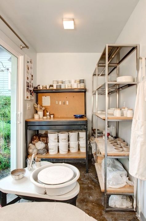 Ceramic Studio Setup, Kiln Room Ideas, Outside Pottery Studio, Pottery Studio Essentials, Small Space Pottery Studio, Pottery Room At Home, Ceramic Room Ideas, Home Clay Studio, Small Home Pottery Studio Setup