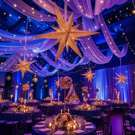 Arabian Night Sweet 16, Ballroom Decoration Ideas, Quinceanera Under The Stars Theme, Moon Balloon Decoration, Candyland Quinceanera Theme, Starry Night Gala Theme, Space Themed Quinceanera, Night Under The Stars Quinceanera, Celestial Quinceanera Theme