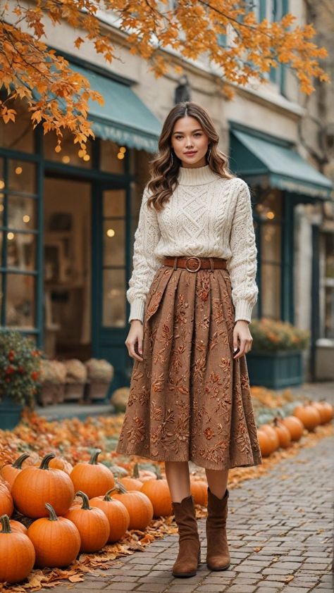 Midi Flowy Skirt Outfit, Village Style Clothes, Sweater With Flowy Skirt, Conservative Fall Outfits, Floral Fall Outfit, September Aesthetic Outfits, Maxi Skirt Outfit Autumn, Sweater Over Dress Outfit Autumn, Canada Fall Outfits