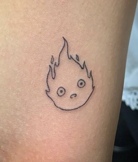 Studio Ghibli Tattoos Small Minimalist, Coraline Stick And Poke, Tiny Fun Tattoos, Fun Minimalist Tattoo, Ghibli Studios Tattoo, Subtle Ghibli Tattoo, Kiki Tattoos Studio Ghibli, Calciferol Tattoo, Tattoo Ideas Studio Ghibli