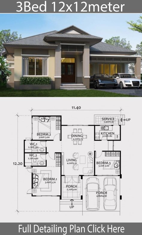 Modern Bungalow House Design, Three Bedroom House Plan, Bungalow Style House, Modern House Floor Plans, Bungalow Floor Plans, Bungalow Style House Plans, Affordable House Plans, Modern Bungalow House, Simple House Design