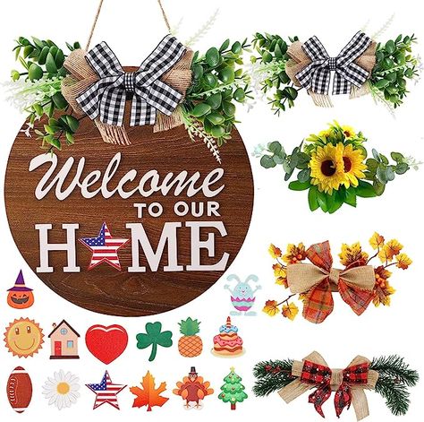 Interchangeable Welcome Sign for Front Door with 4 Seasonal Wreaths and 14 Changeable Icons, Farmhouse Front Door Signs, Door Decoration Porch Decor, Seasonal Rustic Wooden Home Sign home décor (6wood) Maple Leaf Cake, Pineapple Pumpkin, Interchangeable Welcome Sign, Farmhouse Front Porch Decor, Farmhouse Porch Decor, Sign For Front Door, Welcome Signs Front Door, Welcome Home Signs, Wooden Wall Signs