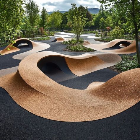 This unique playground features a dynamic cork landscape, merging fun and sustainability in urban design. Made from renewable cork material, the undulating surfaces create a playful, eco-friendly environment that's both durable and gentle on the environment. Ideal for modern parks and public spaces, this design highlights cork's versatility in building sustainable, engaging spaces for families and communities. Perfect for those exploring green building materials in creative landscapes. Sustainable Playground, Playground Model, Community Park Design, Building Materials Architecture, Pool Architecture, Unique Playground, Modern Playground, Playground Surface, Eco Friendly Environment