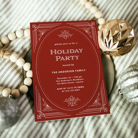 $2.93 | Modern Deco | Elegant Red Holiday Party - christmas holiday party, elegant, art deco, twenties 1920s, glamorous, red and white, vintage, classic and traditional, unique, cocktail party Fancy Christmas Party Invitations, Christmas Wedding Invites Invitation Ideas, Christmas Gala Invitation, Classy Christmas Invitations, Christmas Itinerary Template, Holiday Gala Decor, Red And White Graphic Design, Xmas Dinner Invitation, Christmas Church Invitation