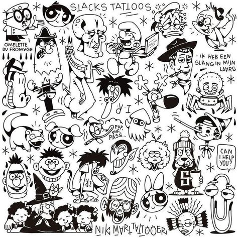 Flash Art Tattoos, Tato Minimal, Arte Doodle, Kunst Tattoos, Cartoon Character Tattoos, Flash Tattoo Designs, Tattoo Flash Sheet, Doodle Tattoo, 90s Cartoon