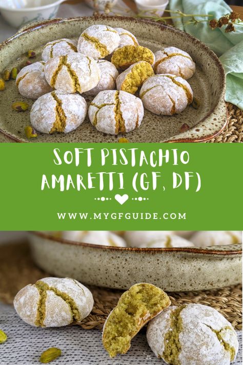 Amaretti Biscuits, Italian Biscuits, Pistachio Dessert, Gluten Free Guide, Gluten Free Italian, Amaretti Cookies, Pistachio Cookies, Gluten Free Christmas, Gluten And Dairy Free