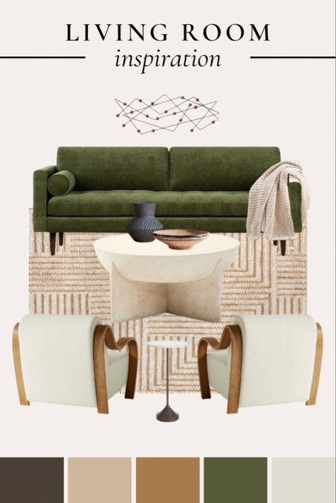 Living room inspo with a pop of color! I love using olive green as an accent in neutral spaces ••• Green sofa, green couch, accent chairs, neutral decor, neutral chair, concrete coffee table, round coffee table, neutral rug, living room styling White Living Room Green Couch, Green Sofa Organic Modern, Rug For Olive Green Couch, Tan Cream And Green Living Room, Beige Orange Green Living Room, Apartment Living Room Green Couch, Rug Green Sofa, Green Sofa Rug, Light Green Sofa Living Room Ideas