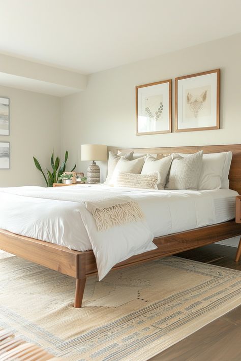 Mid-Century Modern King Size Bed Inspirations - Quiet Minimal Bed Frame Light Wood, Bedroom King Bed Decor, Mid Century Modern King Bed Frame, Master Bed Ideas King, Wood Bedframe Aesthetic, King Size Bed Master Bedrooms Ideas, Wooden Bedframe Bedroom Ideas, Bedroom Ideas King Size Bed, King Bedroom Ideas Master