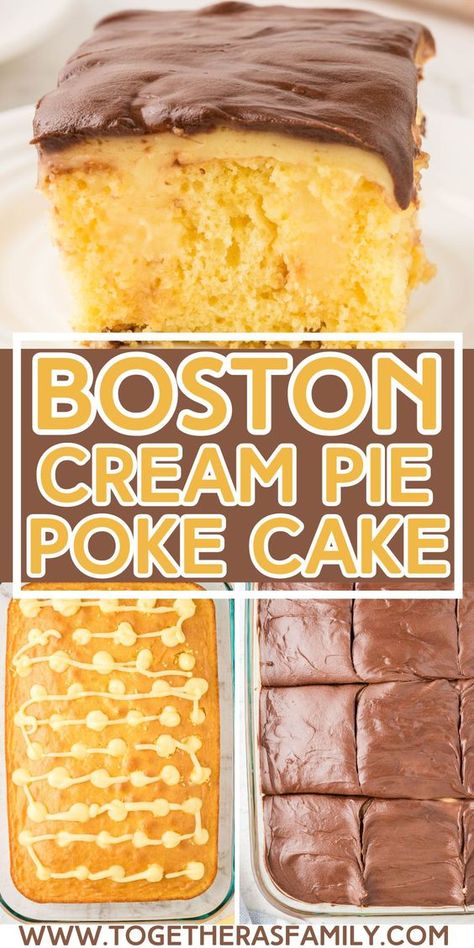 Boston Poke Cake Recipe, Poke Cake Recipes Yellow Cake, Easy Yellow Cake Mix Desserts, Fudge Vanilla Poke Cake, Cake In A Pan Recipes, Cake Recipes Using Yellow Box Cake Mixes, Cake Mix And Pudding Recipes Simple, Yellow Cake Chocolate Pudding Poke Cake, Yellow Cake Poke Cake