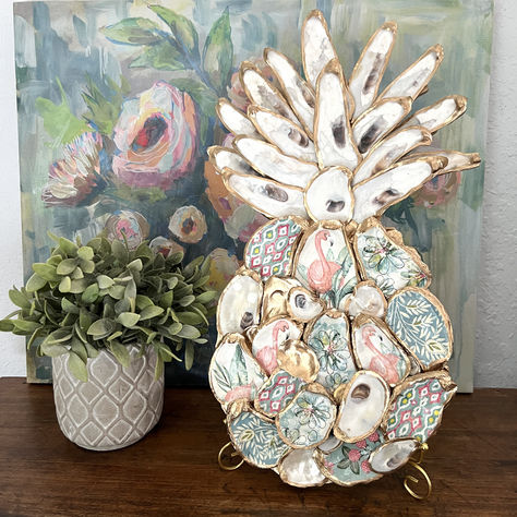 https://www.etsy.com/listing/1708059064/oyster-shell-pineapple-wall-art-coastal?etsrc=sdt How To Make Oyster Shell Pineapple, Gold Leaf Oyster Shells Diy, Decoupaged Oyster Shell Wreath, Oyster Shell Pineapple, Coastal Chic Decor, Natural Pearls Sea Oyster Shells, Oyster Shells Decor, Crab Decor, Pineapple Wall Art