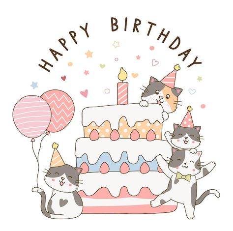 Drawing For Birthday Art, Happy Birthday Postcard Ideas, Happy Birthday Art Illustrators, Cartoon Birthday Cake Drawing, Birthday Postcards Ideas, Cute Birthday Posters, Happy Birthday Cats Cute, Happy Birthday Cute Images, Happy Birthday Cute Drawing