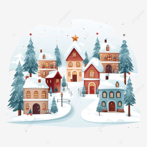 snowfall in winter town with small houses cartoon vector illustration christmas holidays concept s Christmas Houses Illustration, Winter Village Illustration, Christmas Town Drawing, Christmas Town Illustration, Small House Cartoon, Town Drawing, Village Drawing, Winter Town, Very Easy Drawing