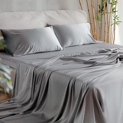 PRICES MAY VARY. ·Viscose Derived from Bamboo - These sheets are OEKO-TEX Standard 100 certified, ensuring they are free from over 100 harmful substances, providing safe and healthy bedding for your family. Bamboo viscose fabric is naturally thermo-regulating, keeping you cool and relaxed while sleeping, providing all-season comfort. ·Ultimate Cooling Silk Softness - The moisture-wicking, breathable properties and silk-like softness of our hotel-grade bedding are great for hot sleepers or those Grey Bed Sheets, Silk Bed Sheets, Gray Bed, Silk Sheets, Satin Sheets, Silk Bedding, Bed Sheet Set, Bed Linens Luxury, First Apartment