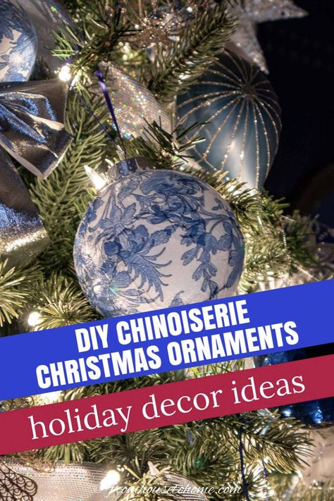 How to Make Budget Friendly Chinoiserie Christmas Ornaments | Christmas Chinoiserie Diy, Blue And White Christmas Tree, Diy Chinoiserie, Chinoiserie Ornaments, Blue Decorations, Blue And White Christmas, Chinoiserie Christmas, Blue Christmas Decor, Diy Christmas Ornament