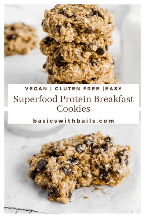 These superfood breakfast cookies are crunchy, nutty, and super yummy! The recipe is gluten-free, easy, and ready in under 20 minutes. They contains pumpkin seeds, shredded coconut, dark chocolate chips, oats, protein powder, and other healthy ingredients. #healthy #oatmeal #glutenfree #easyrecipes #easycookies #breakfastcookies #proteincookies Oatmeal Protein Cookies, Protein Breakfast Cookies, Breakfast Cookies Gluten Free, Protein Powder Cookies, Oatmeal Protein, Superfood Breakfast, Healthy Gluten Free Breakfast, Oatmeal Breakfast Cookies, Breakfast Cookie Recipe