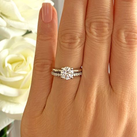 1.5 ct 4 Prong Stacking Solitaire Bridal Set – Tiger Gems Engagement Rings Plus Wedding Band, Round Wedding Band Set, Platinum Wedding Ring Sets, Round Solitaire Engagement Ring With Band Wedding Set, Wedding Bands For Round Solitaire, Stackable Wedding Rings With Solitaire, Wedding Bands With Round Engagement Ring, Stacked Wedding Rings With Solitaire, Wedding Bands For Round Diamond