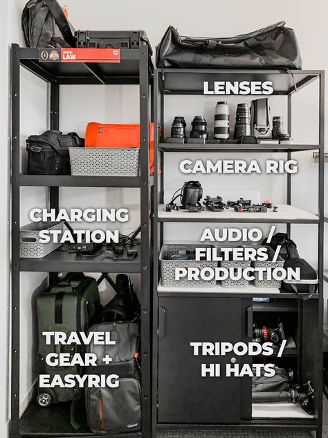 Camera Gear Storage Cabinet, Film Equipment Aesthetic, Camera Storage Shelf, Photographer Office Organization, Filmmaker Office Ideas, Camera Gear Shelves, Film Equipment Organization, Camera Organization Storage, Videography Equipment