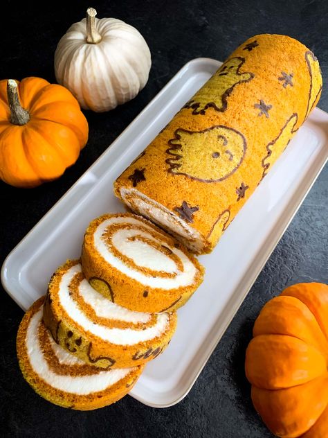 This light and airy spiced pumpkin sponge cake, is perfectly balanced with a lightly sweetened whipped cream and mascarpone cream cheese filling. Mascarpone Whipped Cream, Cake With Mascarpone, Ghost Cake, Cake Roll Recipes, Orange Food Coloring, Ricotta Cake, Sweetened Whipped Cream, Pumpkin Roll, Halloween Baking