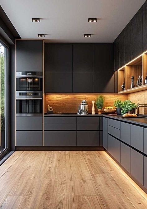 Furniture Design For Kitchen, Black L Shaped Kitchen, Modern L Kitchen Design, Kitchen L Layout, Black Modern Kitchen Ideas, Practical Kitchen Layout, Kitchen Design U Shape Layout, Small Kitchen L Shape Layout, Modern Kitchen L Shape