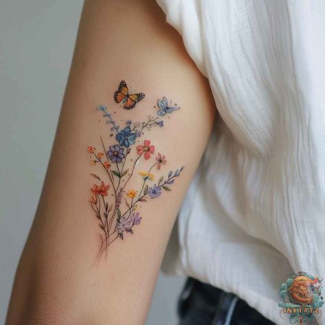 Unleash Your Summer Style: The Hottest Tattoo Trends of the Season: 142 Designs - inktat2.com Floral With Butterfly Tattoo, New Tattoo Ideas For Women Unique, Fine Line Tattoo Color, Flower Tattoos Colorful, Autumn Inspired Tattoos, Flower Tatoos Woman, Oklahoma Tattoo Ideas, Season Tattoo Ideas, May Tattoo Ideas Birth Month