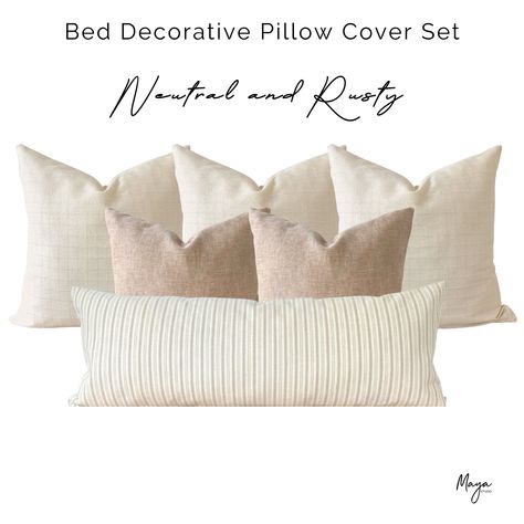 Bedding Ideas Pillows, Bedroom Throw Pillows, Pillows On Bed, Neutral Bed, Throw Cushions Bed, Beige Bedding, Bed Throw Pillow, Pillows For Bed, Cream Bedding