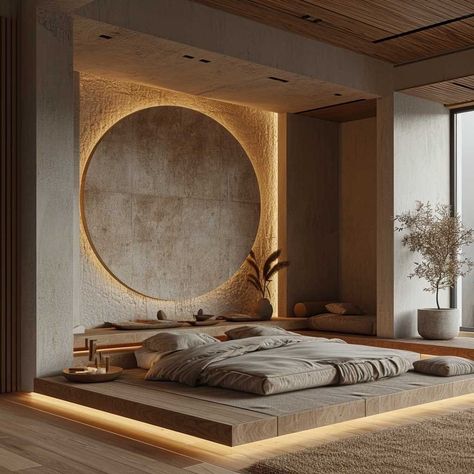 Interior Design Zen Style, Aesthetic One Bedroom Apartment, Bedroom Zen Style, Zen House Interior Design, Japan House Modern Japanese Style Interior Design, Round Room Interior Design, Natural Apartment Aesthetic, Japanese Inspired Interior Design, Calming Interior Design