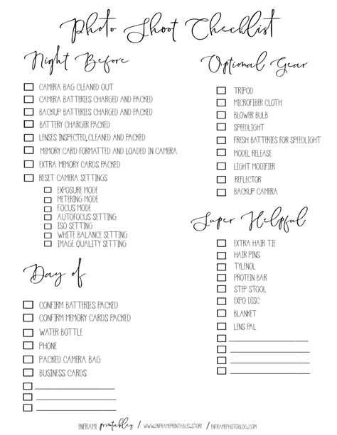 Photo Shoot Checklist | Printables for Photographers | Printable Photo Shoot Checklist Photography Services List, Shoot Plan Photography, Photography Workflow Checklist, Photo Shoot Planning Sheet, Photographer Checklist, Photography Business Ideas, Desk Photography, Photography Prompts, Wedding Photography Shot List