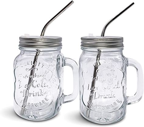 Mason Jars With Handles, Mason Jar Mugs, Mason Jar Cups, Drinking Jars, Kitchen Glass, Ice Cold Drink, Baby Cups, Mason Jar Lids, Steel Straw