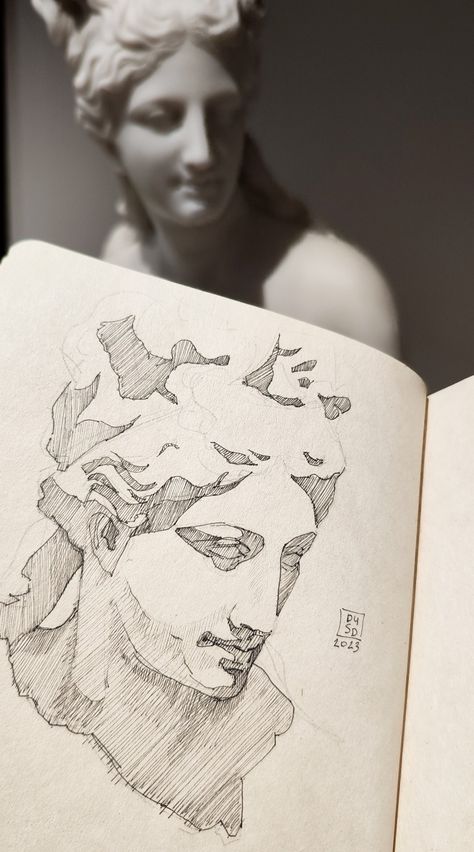 The best place to study art. Ancient n modern in one place to see. Love this liner sketch of classical statue. By DUSD ART Statue Study Sketch, Drawing Of A Statue, Sketches Of Statues, Ancient Greek Sculpture Drawing, Ancient Sculpture Drawing, Statue Drawing Sketch Easy, Art History Drawings, Ancient Art Drawing, How To Draw Greek Statues