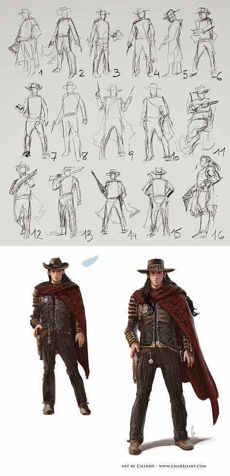 Wild West Poses Reference, Wash The Stampede Reference, Staff Over Shoulder Pose, Cowboys Wild West, Gunslinger Poses Drawing Reference, Cowboy Boots Art Reference, Popped Collar Drawing, Old Western Outfits Women Drawing, Cowboy Drawing Reference Poses