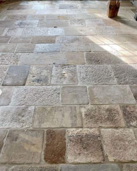 Cobblestone Entryway, Stone Kitchen Floor, Antique Stone Flooring, French Limestone Floor, French Tile, Cottage Flooring, Oak Beams, Stone Tile Flooring, Reclaimed Flooring