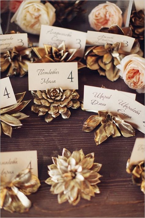 gold painted succulent escort card holders 2015 Wedding Trends, Russian Wedding, Cards Holder, Christmas Place, Fall Tablescapes, Wedding Crafts, Wedding Place, Wedding Places, Wedding Place Cards