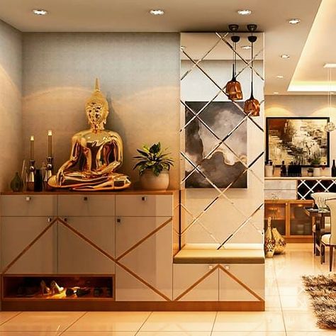 Interior Design Bangalore #interiordecorating #interiordesign #homeinterior #interiorsbangalore #interiordesigner #foyer Foyer Mirror Wall, Mirror In Foyer, Home Entry Design, Foyer Mirrors, Foyer Unit, Entry Foyer Design, Foyer Designs, Foyer Wall Decor, Foyer Wall