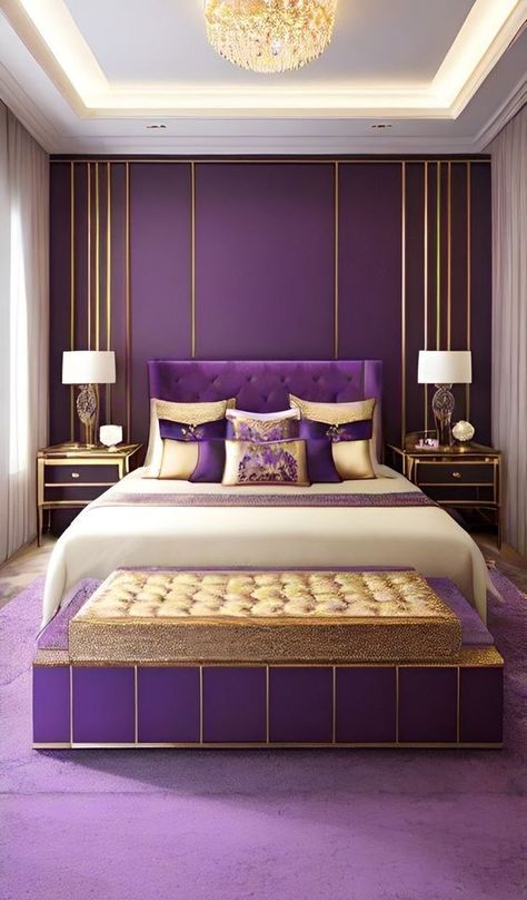 Purple And Gold Interior Design, Purple And Gold Furniture, Purple And Gold Bedroom Ideas, Bedroom Ideas Gold, Classic Bedroom Ideas, White Gold Bedroom, Gold Bedroom Ideas, Purple Interior Design, Deco Violet