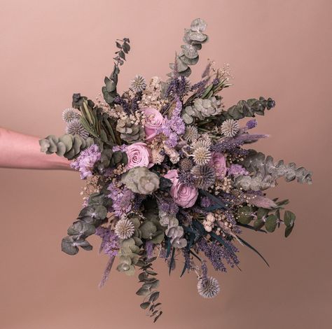 Dried Pale Eucalyptus, Scottish Globe Thistles & Lilac Eternal Roses W – hiddenbotanicsweddings Dried Bridal Bouquet Purple, Enchanted Forest Bouquet, Lavender And Eucalyptus Wedding, Bridal Bouquet Lilac, Lilac Bridal Bouquet, Bond Wedding, Wedding Bouquet Purple, Rustic Forest Wedding, Thistle Bouquet