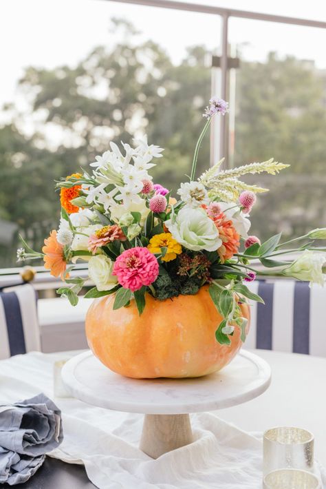 How to Make a Pumpkin Flower Arrangement - Darling Down South Flowers In Pumpkins, Pumpkin Flower Arrangement, Thanksgiving Floral Arrangements, Pumpkin Bouquet, Pumpkin Flowers, Pumpkin Floral Arrangements, Wet Flowers, Oopsie Daisy, Thanksgiving Floral