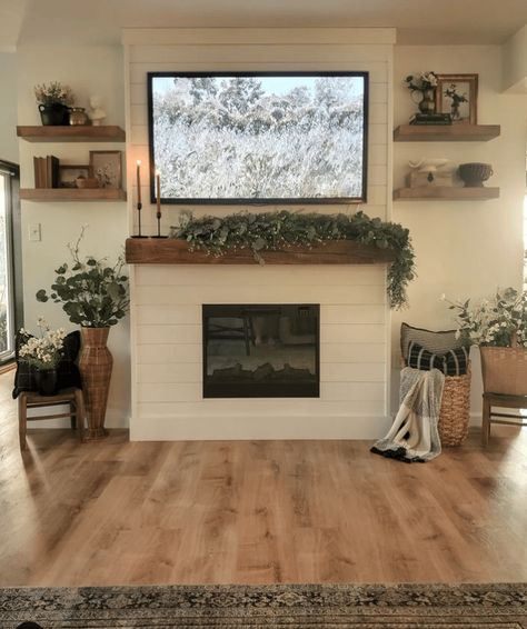 Cheap Diy Fireplace Ideas, Shiplap Fireplace Bedroom, Farmhouse Fireplace Mantels With Tv, Living Room Fireplace Mantel Decor, Living Room Paint Color Ideas With White Fireplace, Farm House Gas Fireplace, Farmhouse Modern Fireplace Ideas, Farmhouse Fireplace With Tv Above, Half Fireplace Ideas