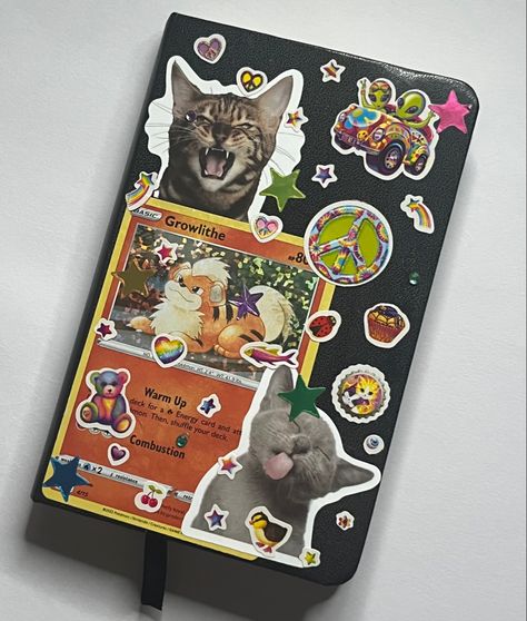 Journal With Stickers On Cover, Sticker Sketchbook Cover, Cool Sketch Book Cover Ideas, Decorating Sketchbook Cover Ideas, Sketch Book Ideas Cover, Stickers On Sketchbook, School Notebook Ideas Cover, Sketch Book Decoration Ideas, Stickers On Notebook