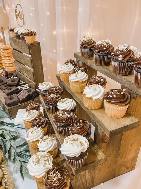 Wood Tiered Cupcake Stand, 2 Tier Cupcake Stand, How To Display Cupcakes On A Table, Cupcake Table Display Graduation, Wood Cupcake Display, Wood Dessert Display, Cupcake Wood Stand, Winter Wedding Cupcake Display, Wooden Cupcake Display