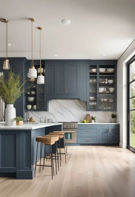 Kitchen Design Ideas Colors, Greyish Blue Cabinets Kitchen, Modern U Kitchen Design, Light Blue And Grey Kitchen, Kitchen Design With Blue Cabinets, Smokey Blue Kitchen Island, Slate Blue Interior Design, Dark Grey Blue Kitchen Cabinets, Open Concept Blue Kitchen Living Room