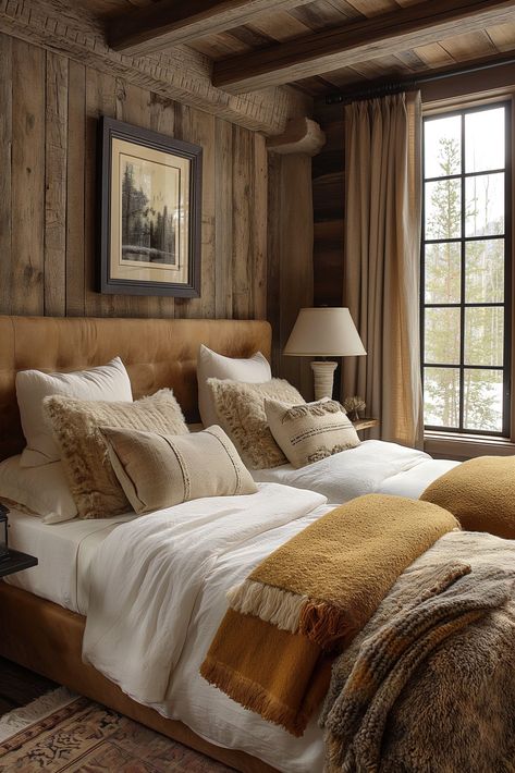 Rustic Bedroom Ideas - Remodr Luxury Rustic Bedroom, Cowboy Cabin, Lodge Interiors, Cabin Bedding, Log Bedroom, Mountain Interior Design, Rustic Bedroom Ideas, Lodge Bedroom, Rustic Comforter